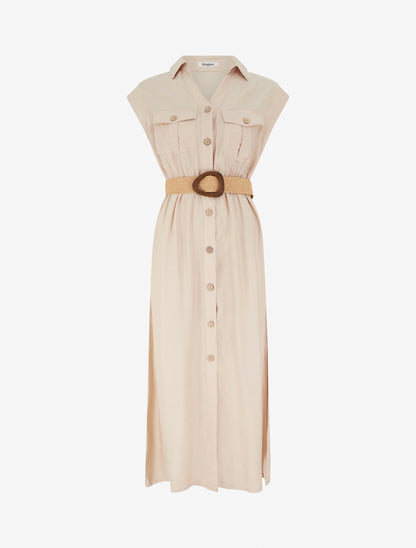 Robe longue unie boutonnée - Beige - 1