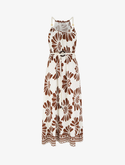 Robe imprimé fantaisie à bretelles en cordelettes - Marron - 1