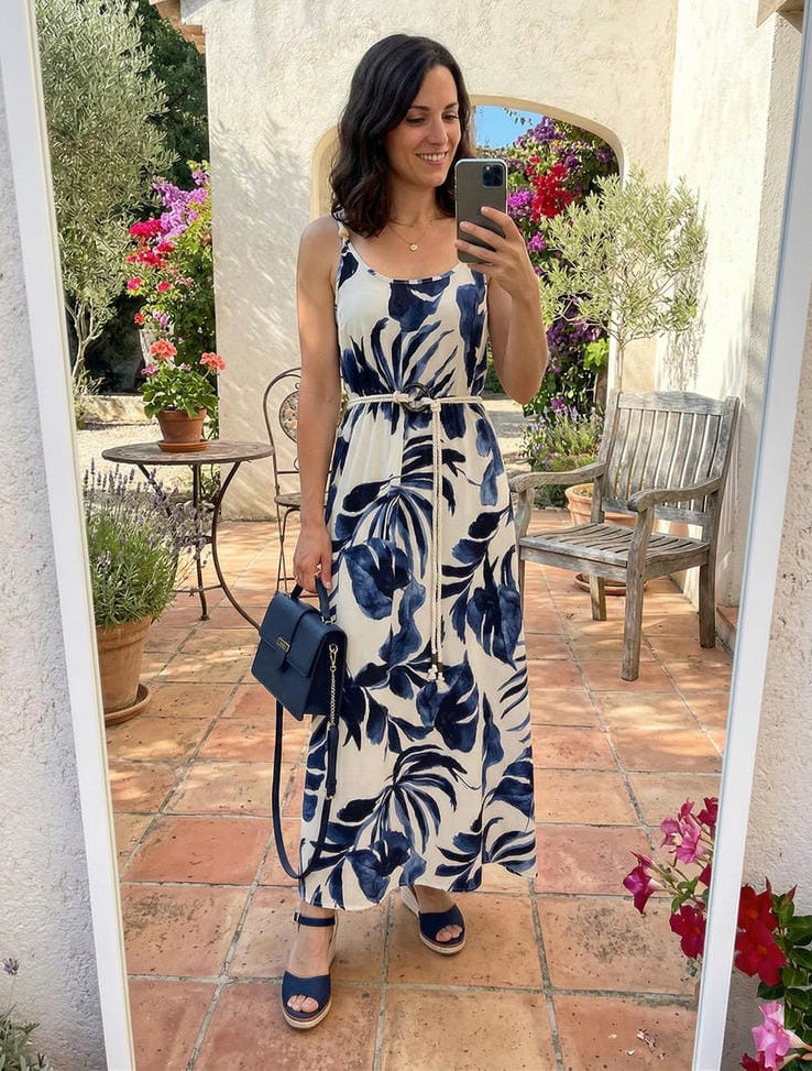 Robe longue à taille élastiquée - Marine