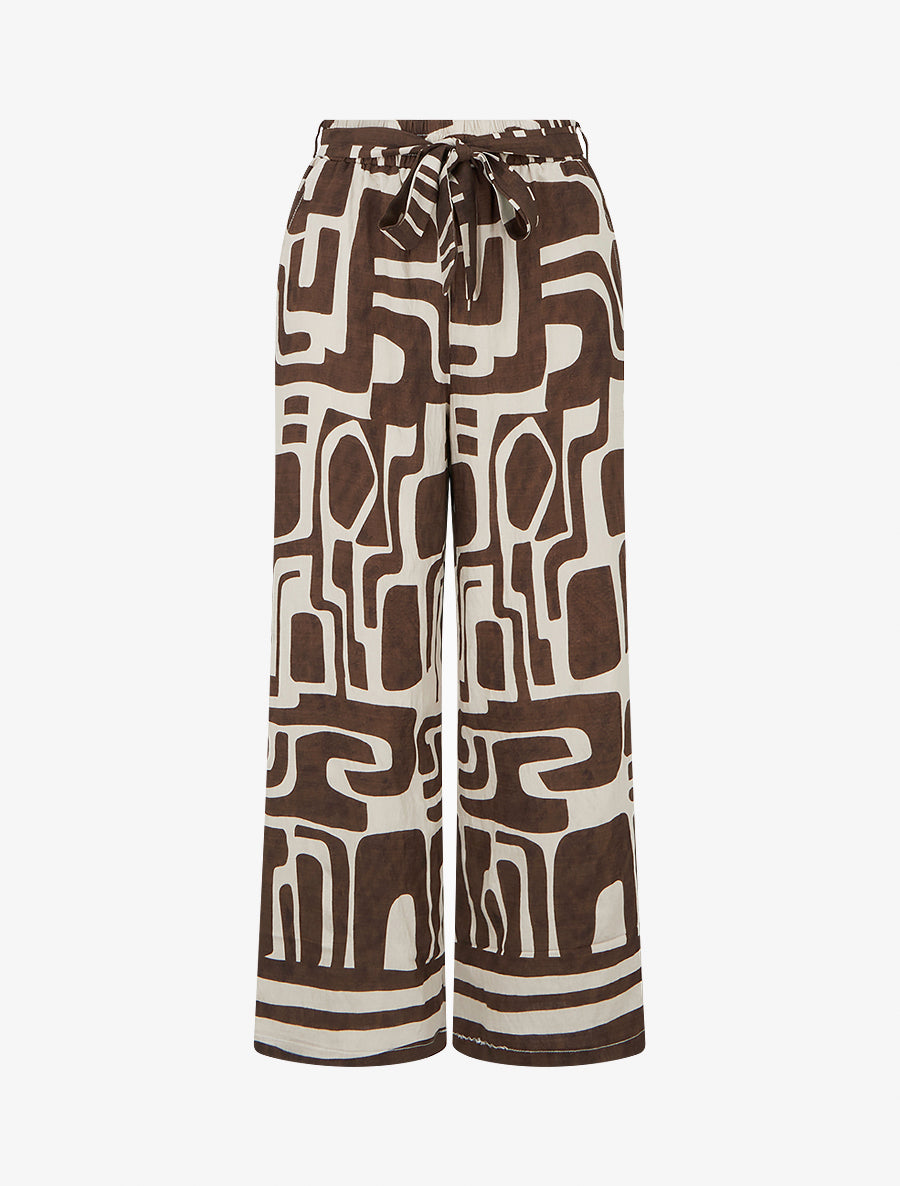 Pantalon élastiqué coupe droite imprimé fantaisie - Marron - 1