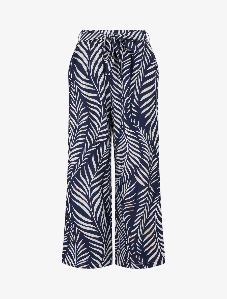 Pantalon élastiqué coupe droite imprimé feuillage - Marine - 1