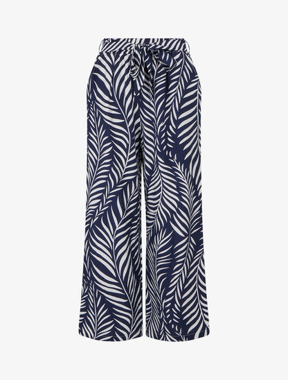 Pantalon élastiqué coupe droite imprimé feuillage - Marine - 1