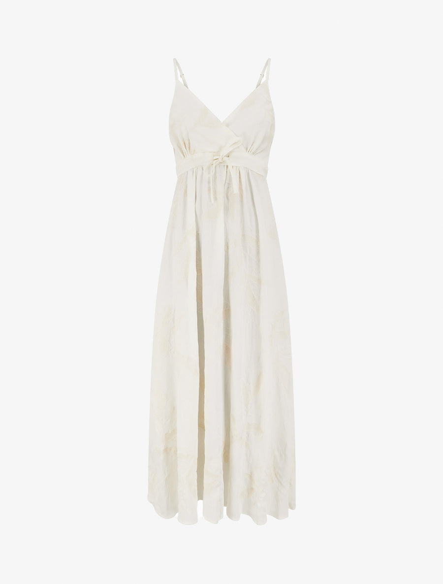 Robe longue empire à broderies feuilles stylisées - Blanc - 1