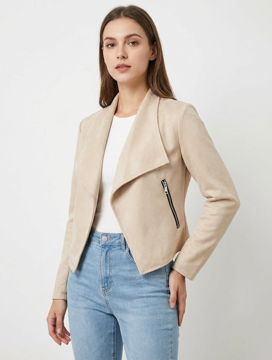 Veste en suédine à col châle - Beige