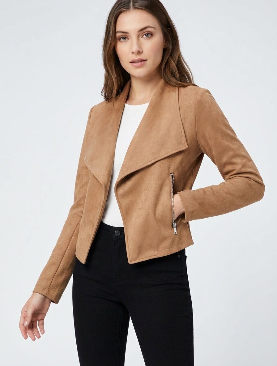 Veste en suédine à col châle - Camel
