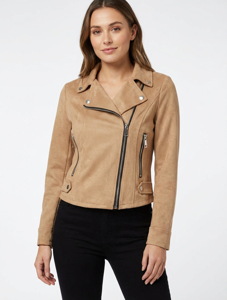Veste en suédine col cranté - Camel clair
