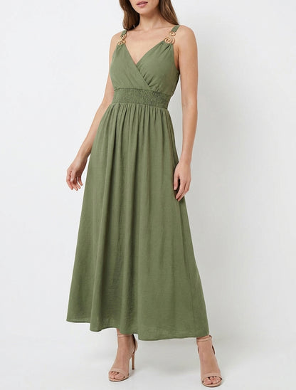 Robe longue cache-cœur évasée - Kaki