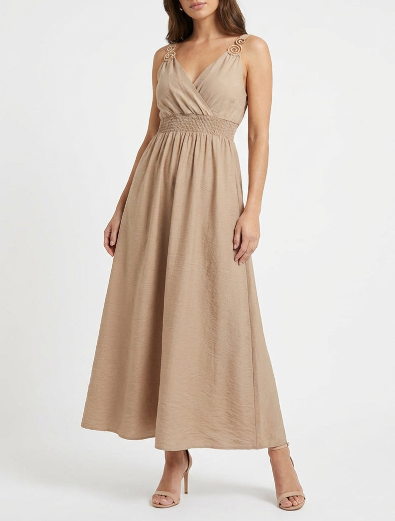 Robe longue cache-cœur évasée - Beige