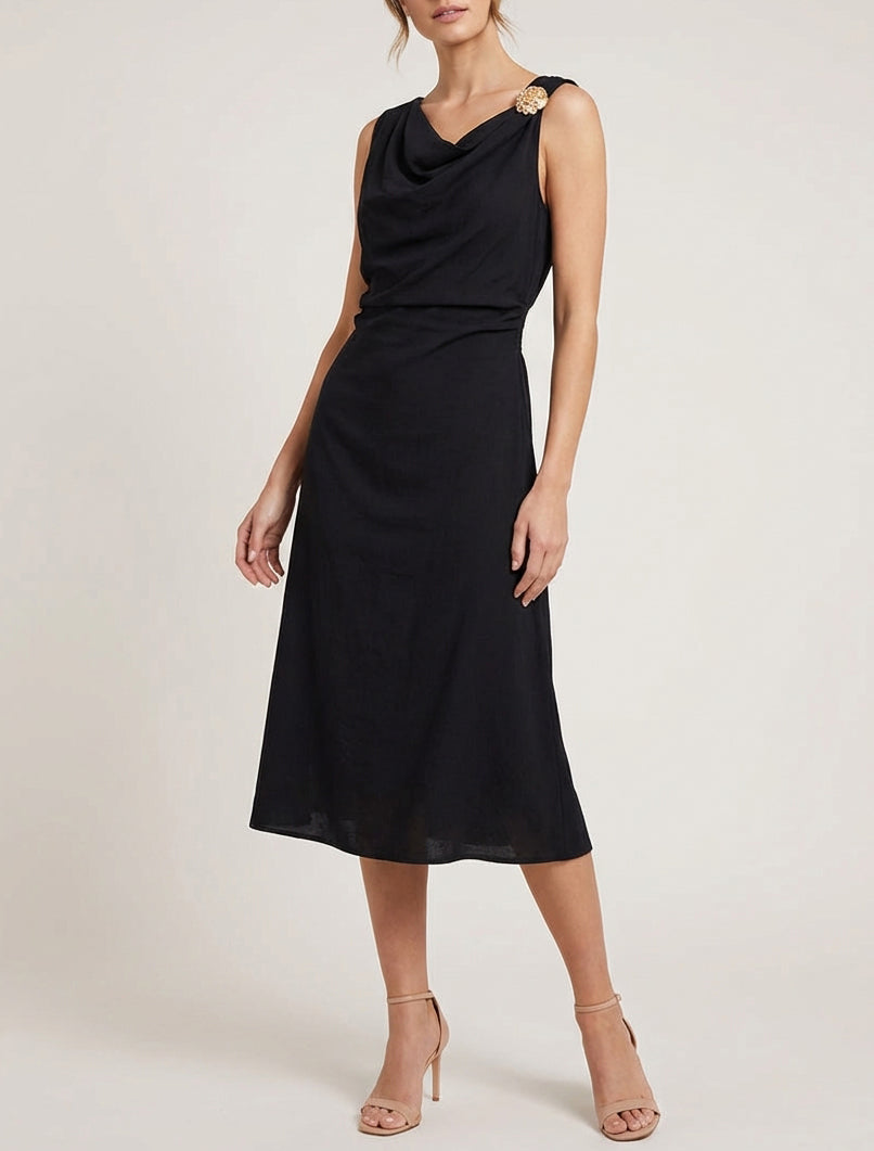 Robe longue col bénitier drapée - Noir