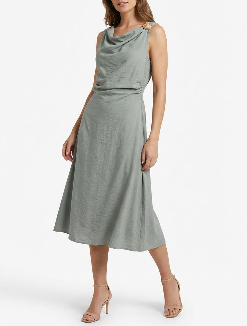 Robe longue col bénitier drapée - Vert/gris