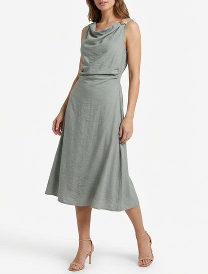 Robe longue col bénitier drapée - Vert/gris