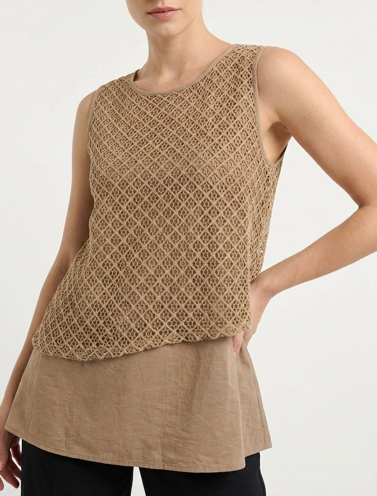 Top droit col rond en crochet - Camel