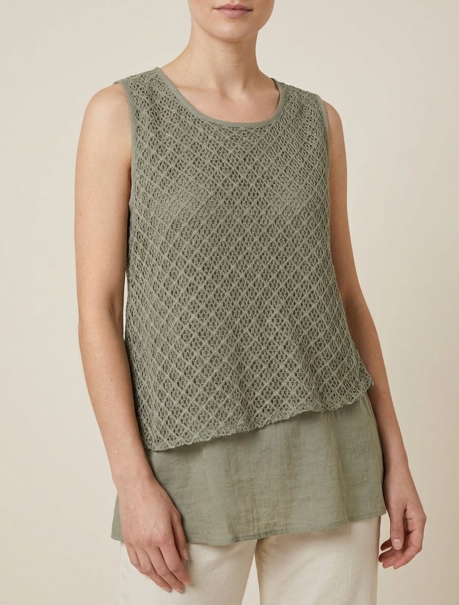 Top fluide col rond en crochet - Kaki