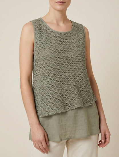 Top fluide col rond en crochet - Kaki