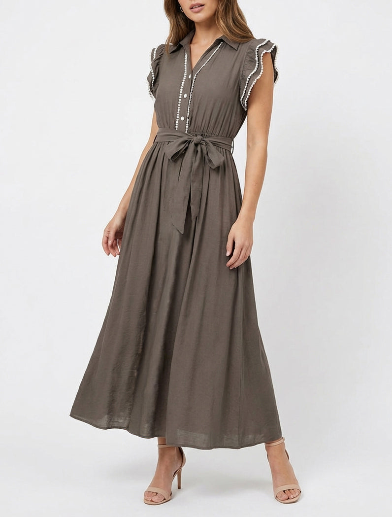 Robe longue ceinturée en crochet - Marron