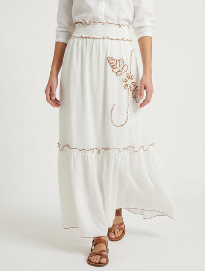 Jupe longue à broderies florales - Blanc