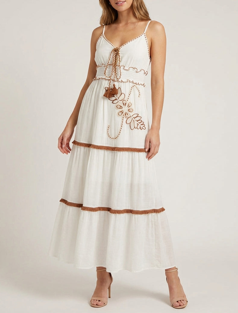 Robe longue empire brodée à bretelles - Blanc