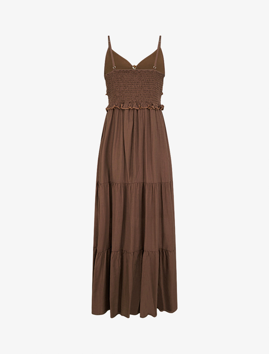 Robe longue à fines bretelles et broderie florale - Marron - 2
