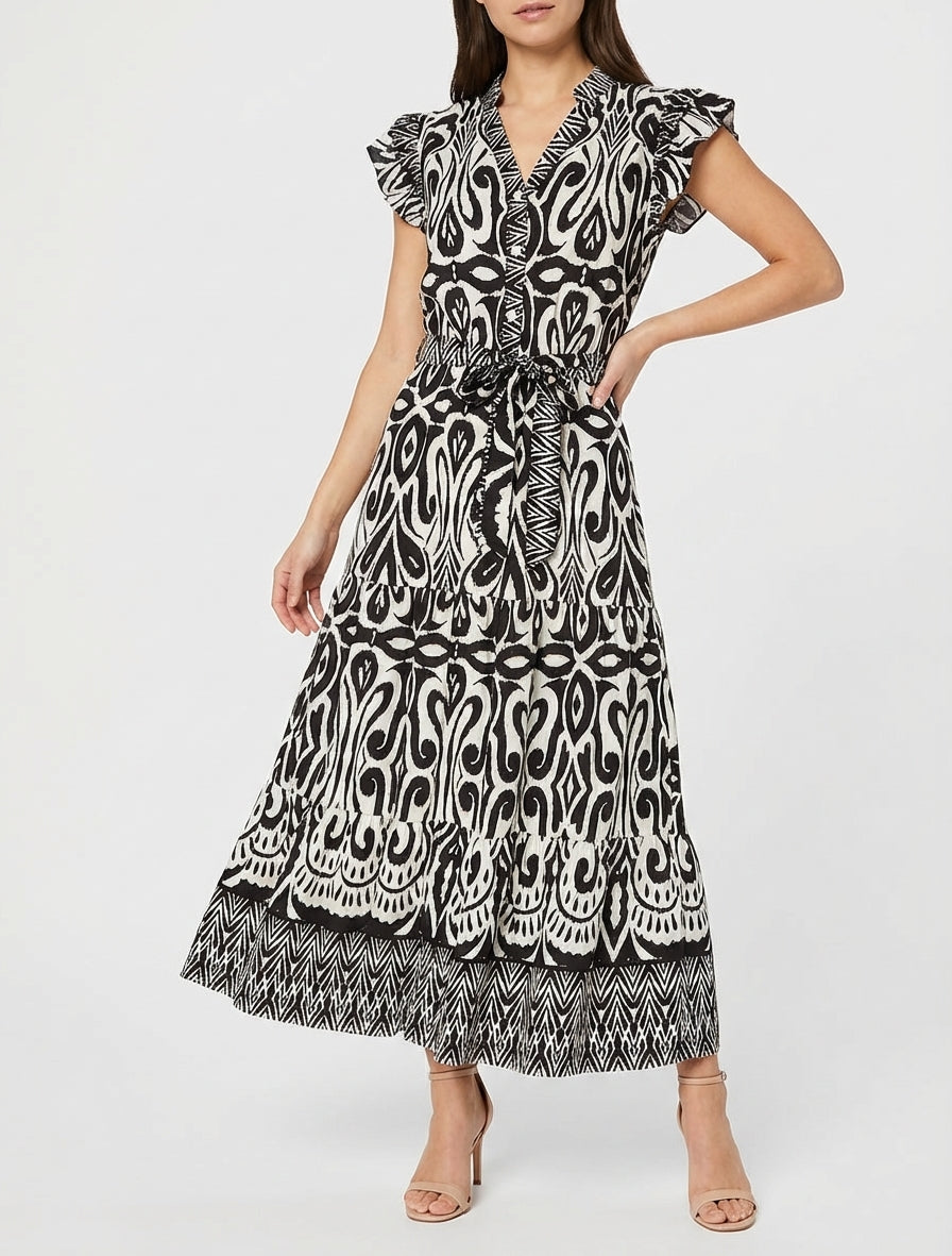 Robe longue col V à ceinture - Noir