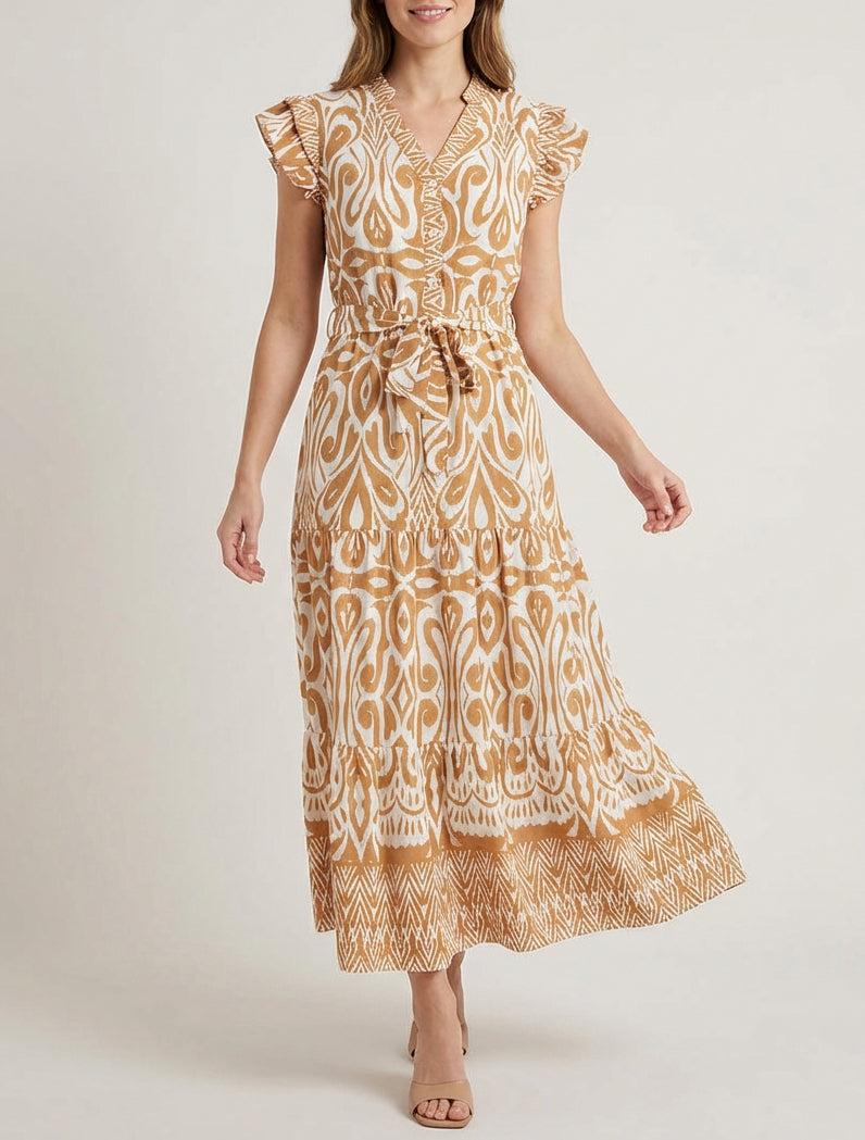 Robe longue col V ceinturée - Camel
