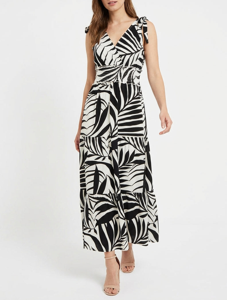 Robe imprimé feuillages à bretelles à noeud - Noir