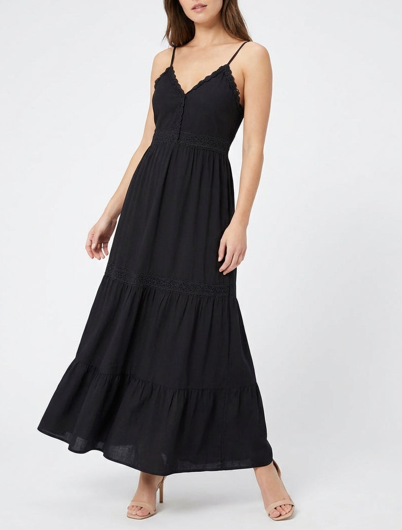 Robe longue empire à bretelles - Noir