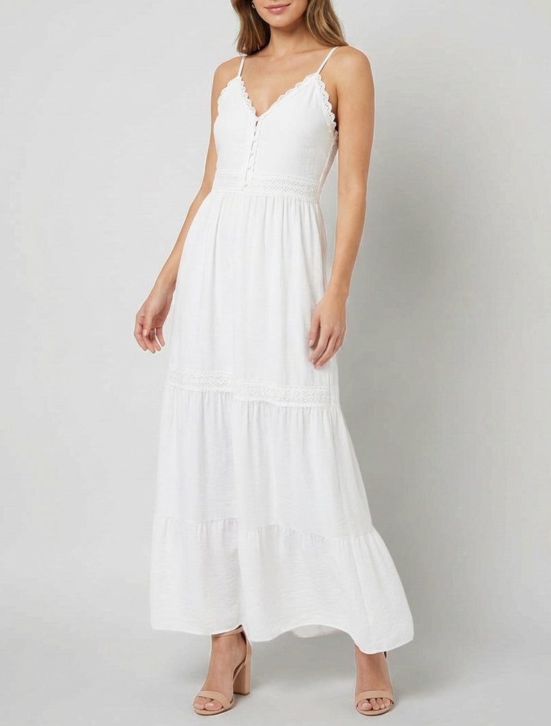 Robe longue empire col V crochet - Blanc