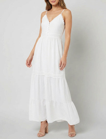 Robe longue empire col V crochet - Blanc
