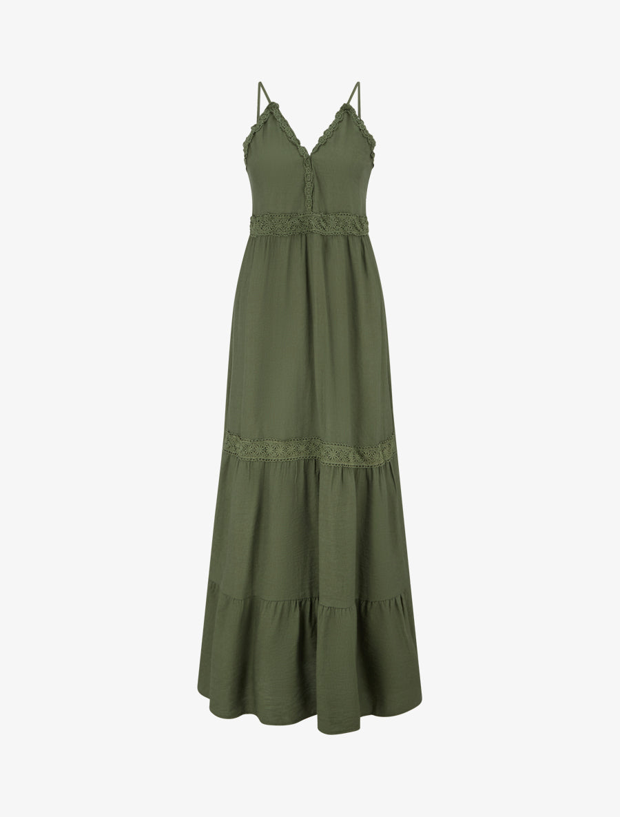 Robe élastiquée à empiècements en crochet - Kaki - 1