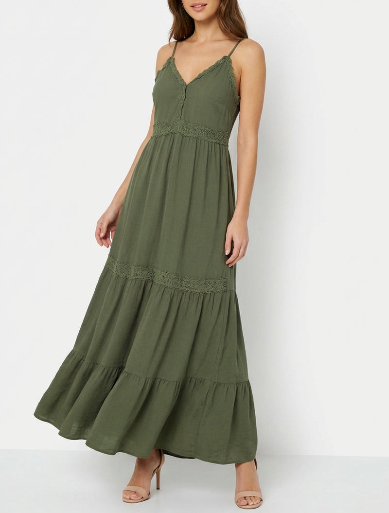 Robe longue empire à bretelles - Kaki