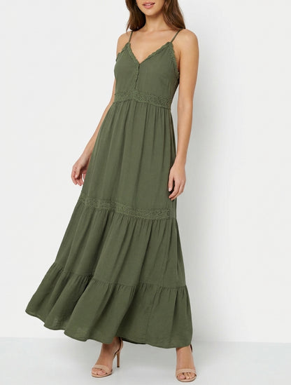 Robe longue empire à bretelles - Kaki