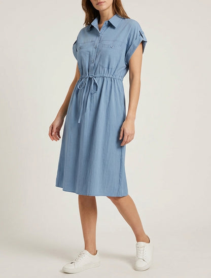 Robe droite à col pied et poches - Bleu