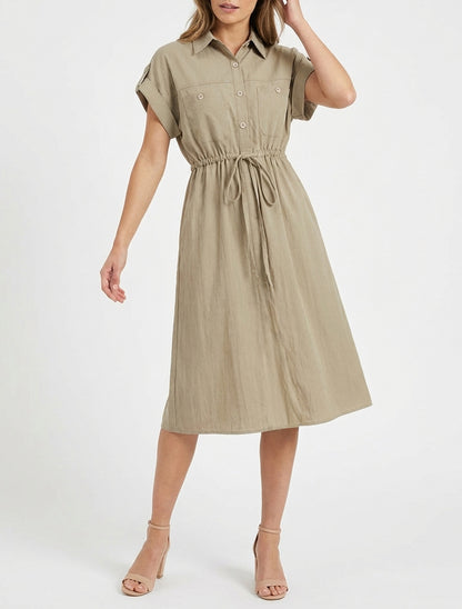 Robe droite à col pied et poches - Kaki clair
