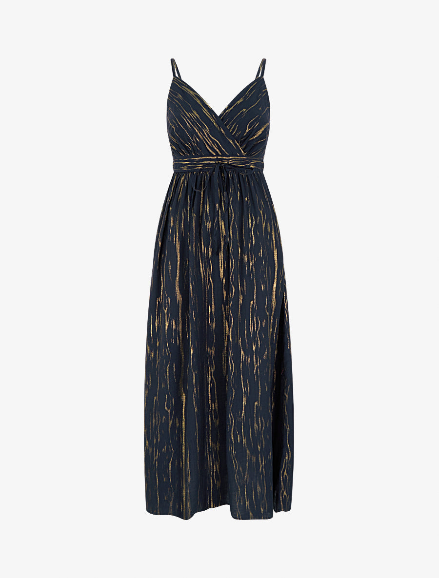 Robe élastiquée unie détail irisé - Bleu nuit - 1