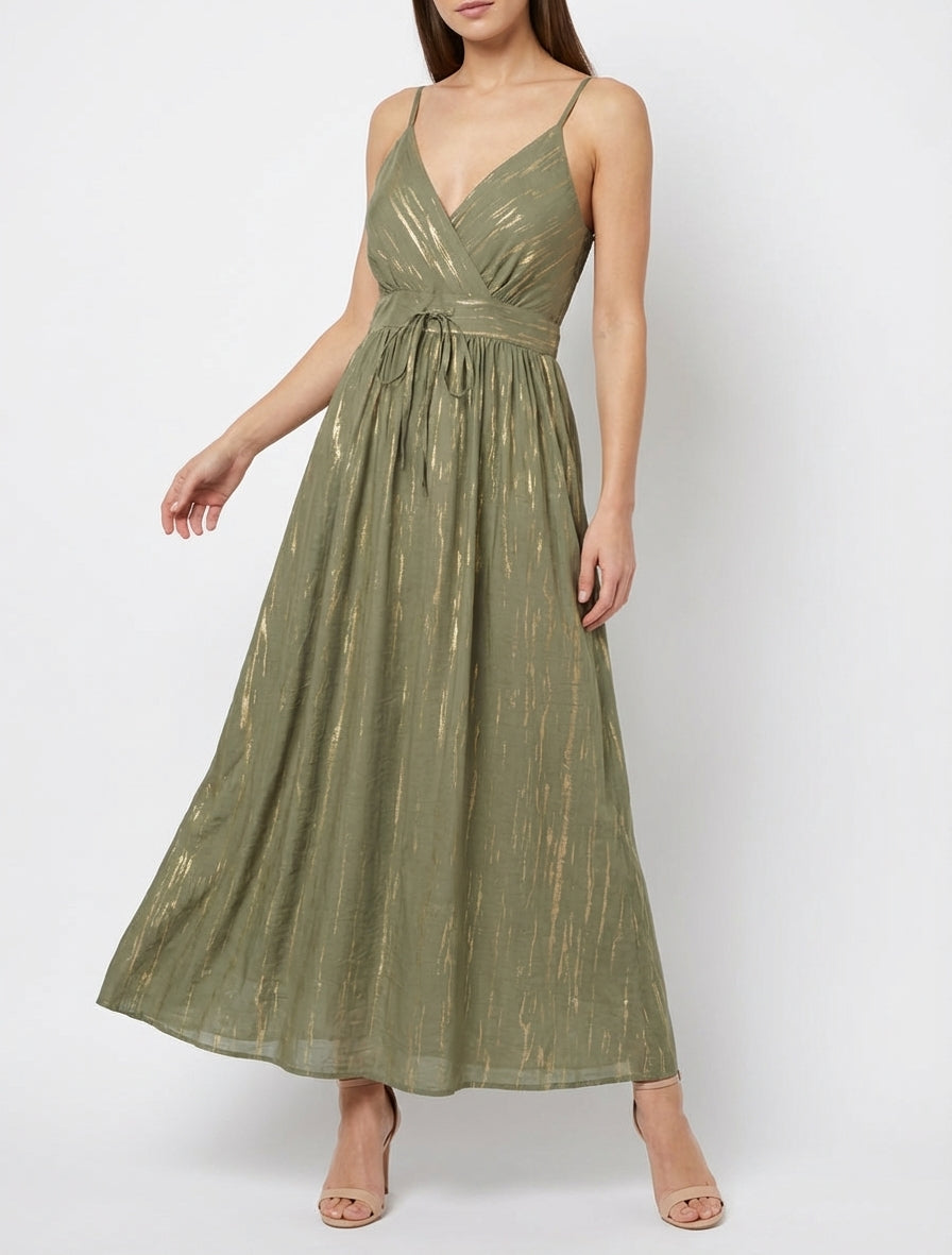 Robe longue cache-cœur à bretelles - Kaki