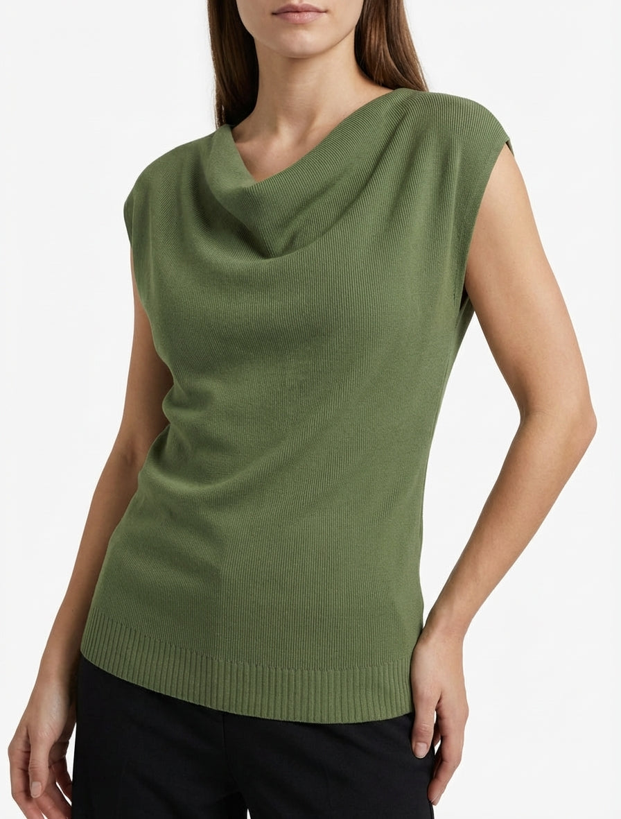 Top côtelé col bénitier sans manches - Kaki
