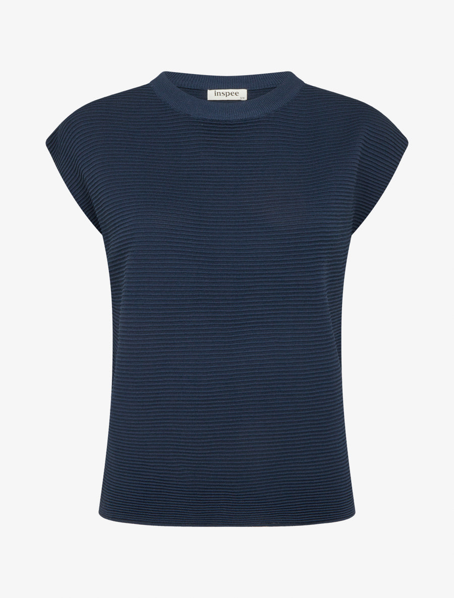 Top uni texturé à col rond - Marine - 1