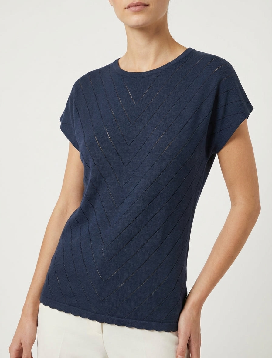 Top fluide ajouré à manches courtes - Marine