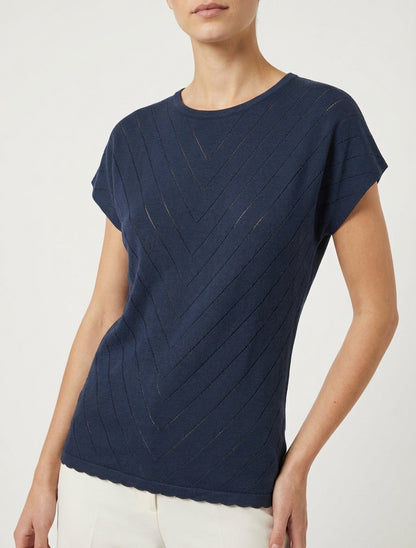 Top fluide ajouré à manches courtes - Marine