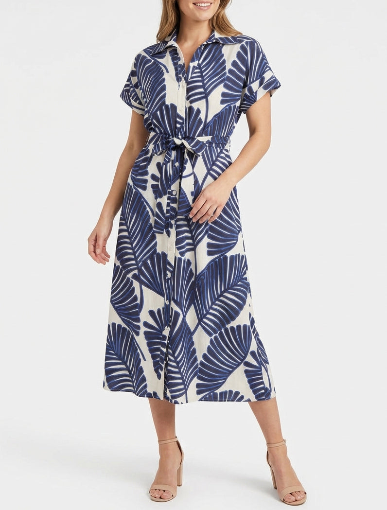 Robe chemise tropicale à col pied - Bleu