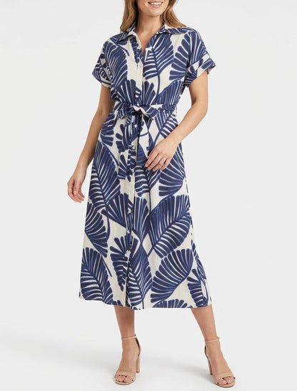 Robe chemise tropicale à col pied - Bleu