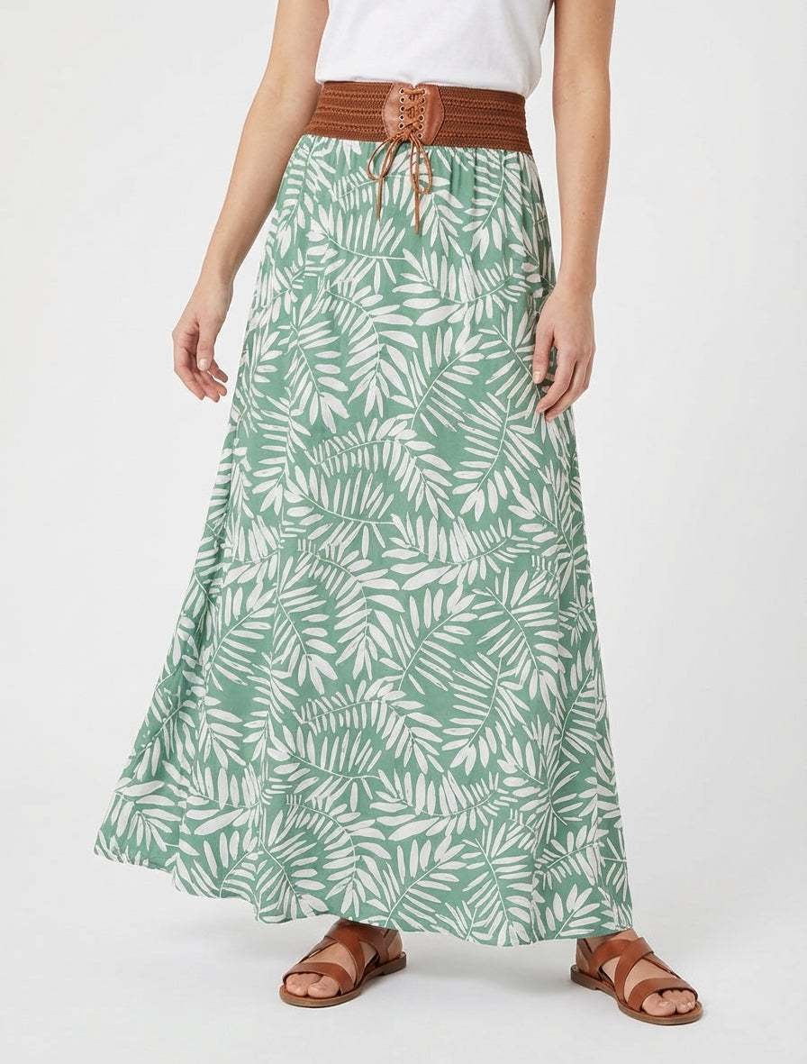 Jupe longue à taille corset nouée - Vert d&