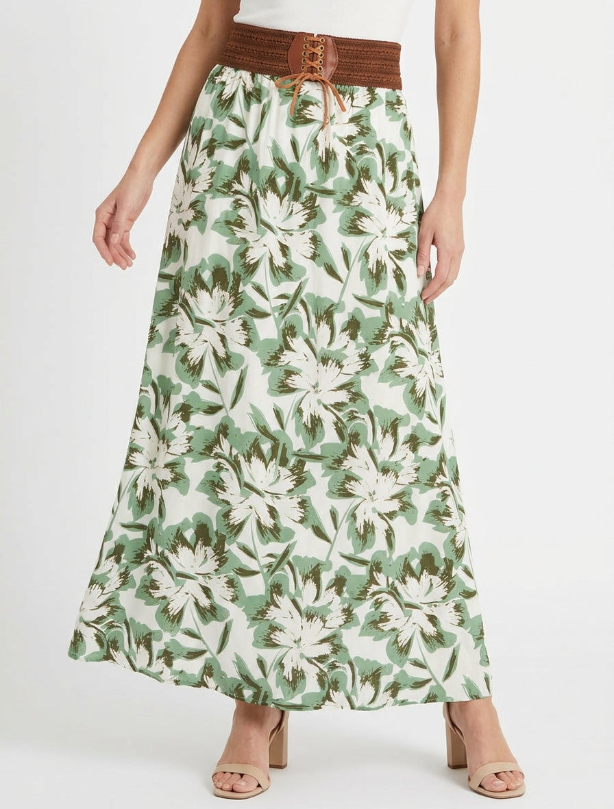 Jupe longue taille corset imprimé fleuri - Vert