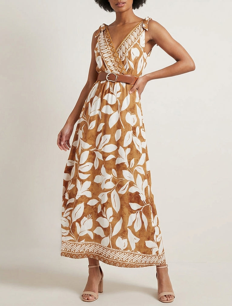 Robe longue cache-cœur à ceinture - Camel