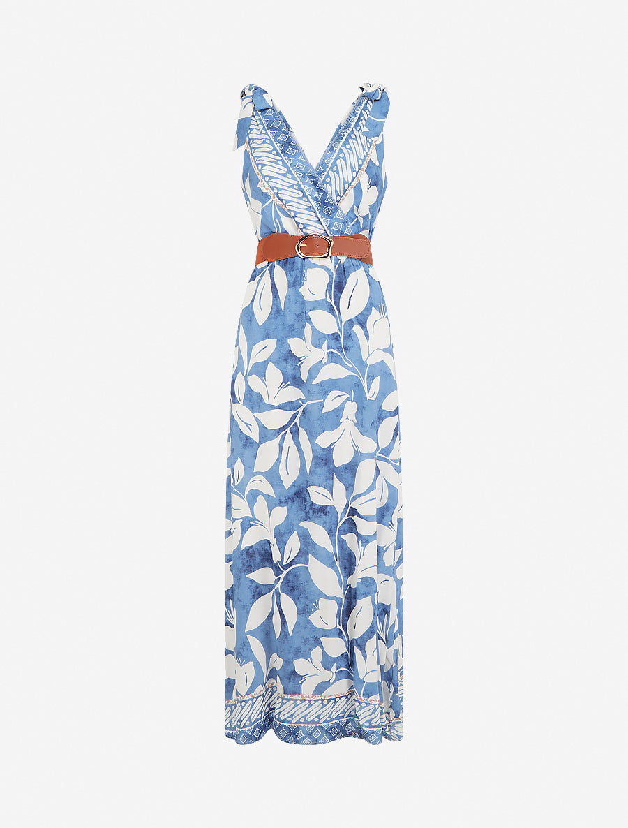 Robe imprimé fleurs tropicales à bretelles à nouer - Bleu clair - 1