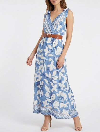 Robe longue cache-cœur ceinturée - Bleu clair