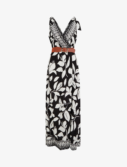 Robe imprimé fleurs tropicales à bretelles à nouer - Noir - 1