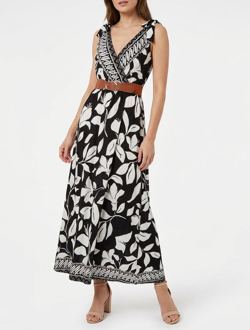 Robe longue cache-cœur à ceinture - Noir