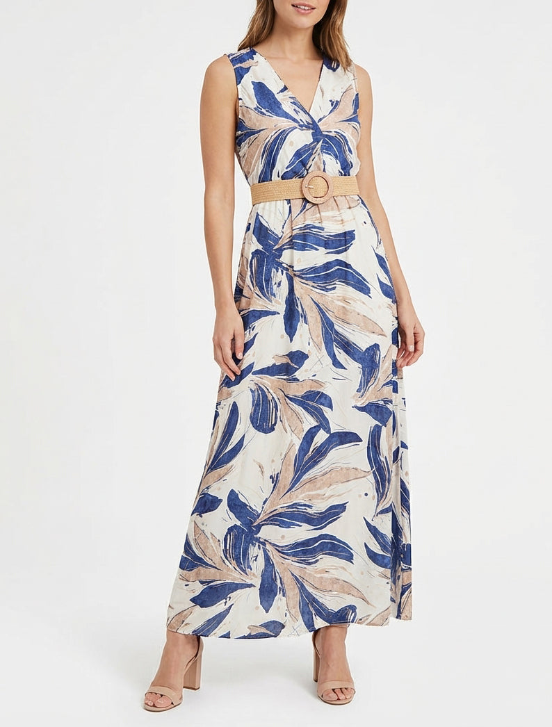 Robe longue cache-cœur à ceinture - Bleu