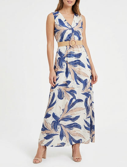 Robe longue cache-cœur à ceinture - Bleu